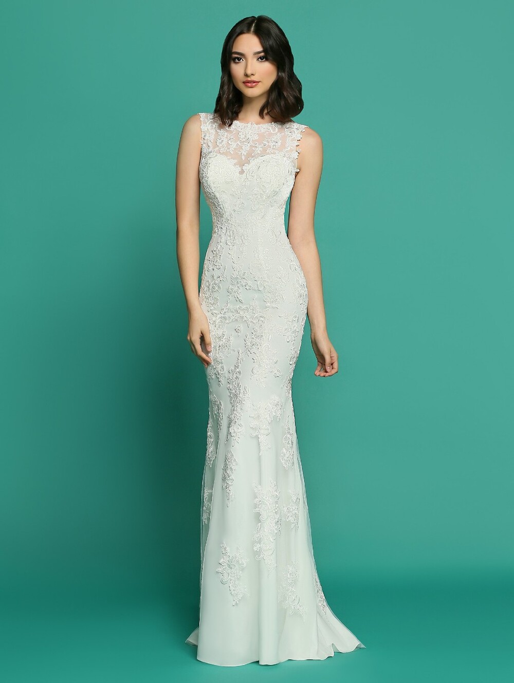 DaVinci Backless Sheath Wedding Dress Lace Overlay Sexy Boat Neck Beach Size 8